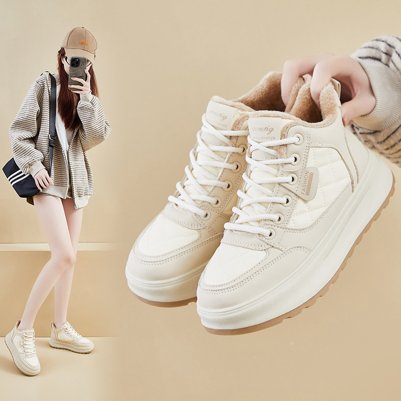 真皮高帮运动鞋女款2025新款冬季加绒保暖二棉鞋子厚底增高小白鞋