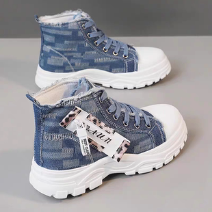 超火牛仔厚底高帮帆布鞋女2025新款春季情侣大码原创初中生板鞋子