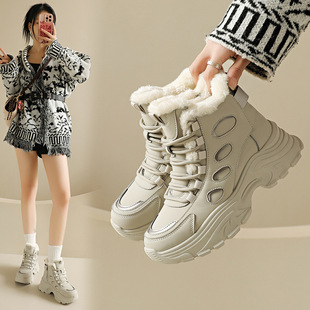 皮面防滑耐磨爆款 女鞋 显脚小高跟运动棉鞋 高帮厚底加绒老爹鞋 冬季
