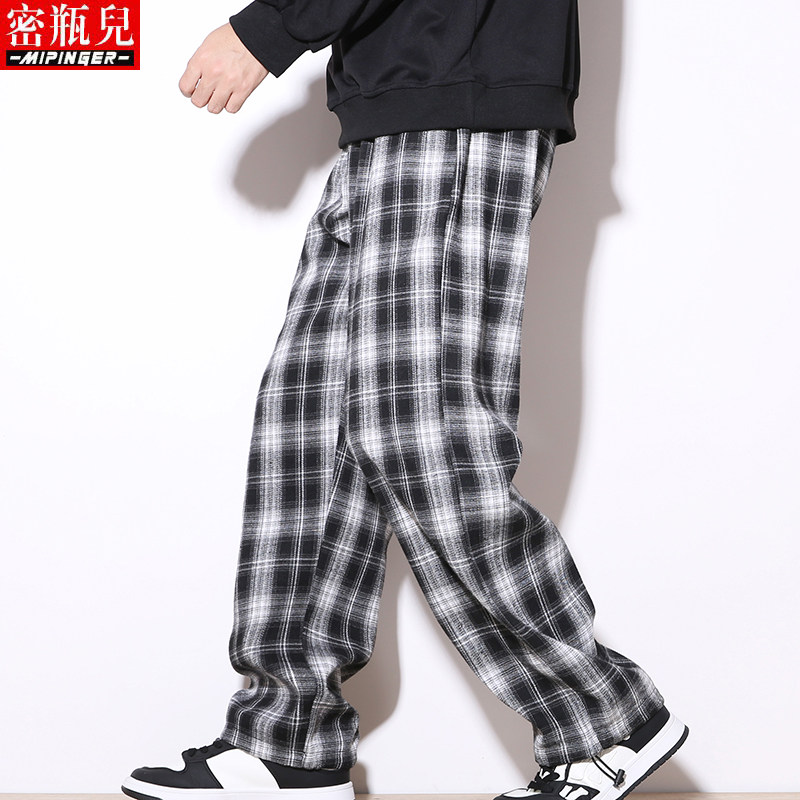 密瓶儿黑白格子裤子男宽松秋季男士大码加肥加大休闲运动裤子男潮
