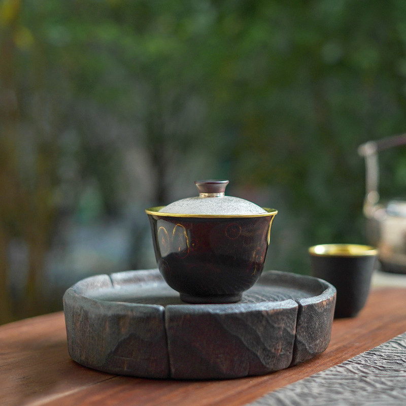 纯银999纯手工足金大漆包金盖碗纯金铁包金茶杯高端家用茶具 漆颜