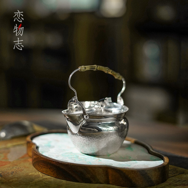 纯银999纯手工一张打纯银泡茶壶竹节提梁壶家用茶具茶器 平湖秋月