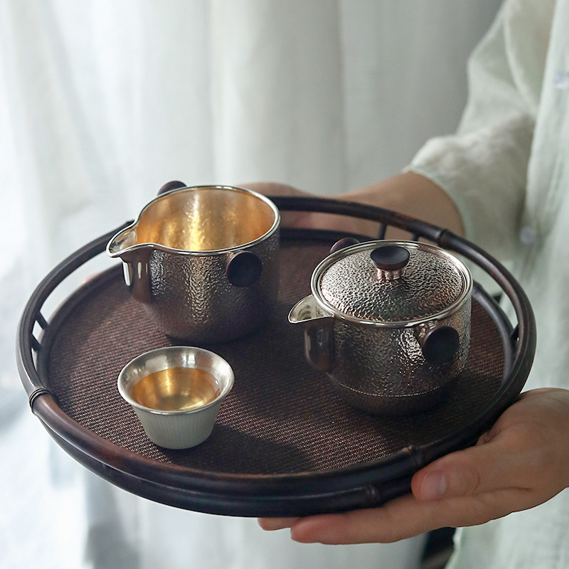 纯银999 银壶纯手工日式分茶器锤纹双耳泡茶壶旅行盖碗套装 承德