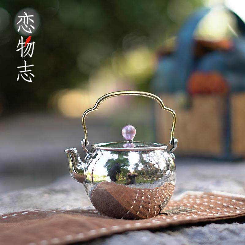 足银999纯手工一张打纯银提梁式珍珠钮泡茶壶家用提梁壶茶具 若尘