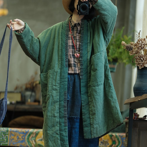 复古文艺线水洗纯亚麻手工针迹棉衣外套棉袍1940