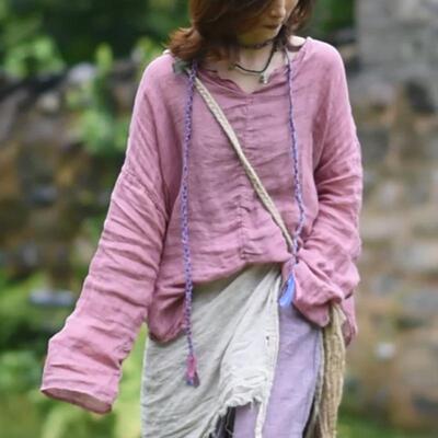 长袖亚麻文艺休闲套头衫