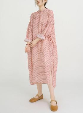 原创国风复古碎花茧型苎麻连身裙 复古改良旗袍宽松长袍L22273