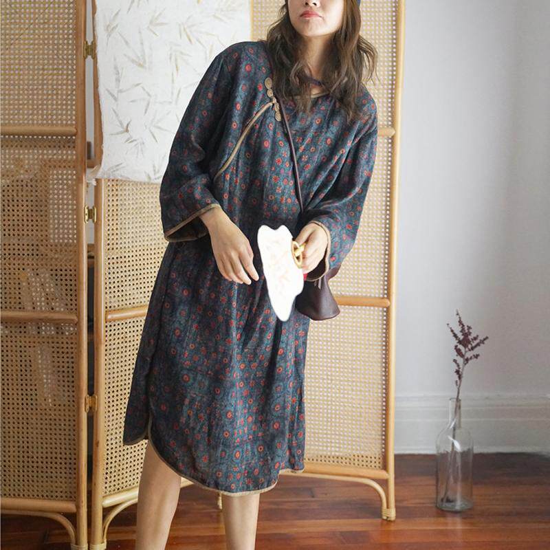 原创中国风琵琶盘扣数码印花宽松旗袍 复古斜襟双层连身裙L21319