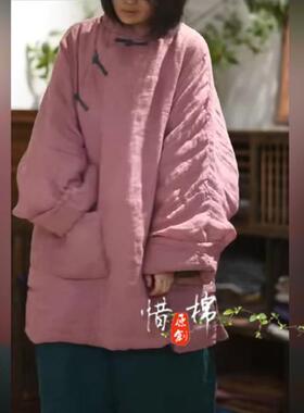 SN253色织亚麻中式复古偏襟盘扣中长小棉袍