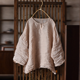4331原创支轻薄苎麻手工缝线盘扣上衣中式 春夏宽松文艺圆领衬衫
