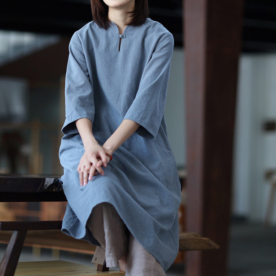 优雅廓体棉麻精巧花瓣圆领禅意袍子中长款连衣裙W099
