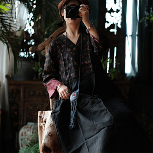 国风复古文艺仿香云纱印花纯亚麻撞色裙衣1891