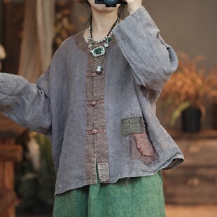小泥姑娘复古旧感纯亚麻宽松对襟文艺小衫 2030