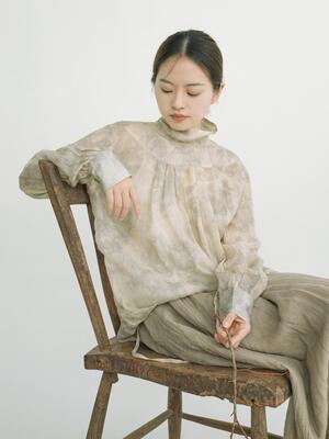 中国风素描印花苎麻立领衬衫