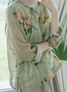 原创新中式斜襟数码印花苎麻衬衫 国风文艺茶服玉兰上衣S22210