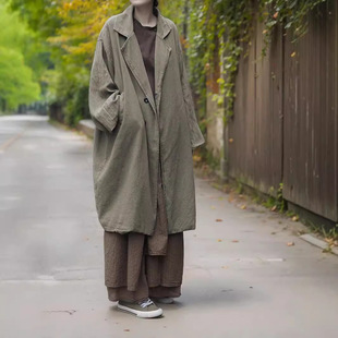 山千念壹 秋冬复古厚重感风衣文艺休闲外套棉麻质感翻领大衣