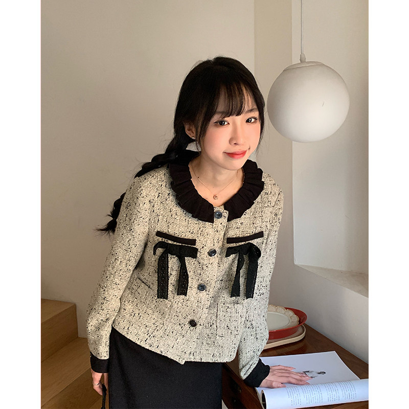 罐头士多所 春装女复古撞色甜美蝴蝶结短外套+黑色半裙套装两件套