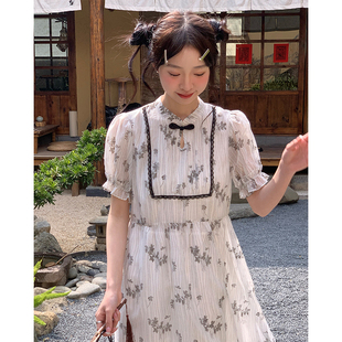 罐头士多所夏装女2024年新款裙子新中式甜美蕾丝花边中长款连衣裙