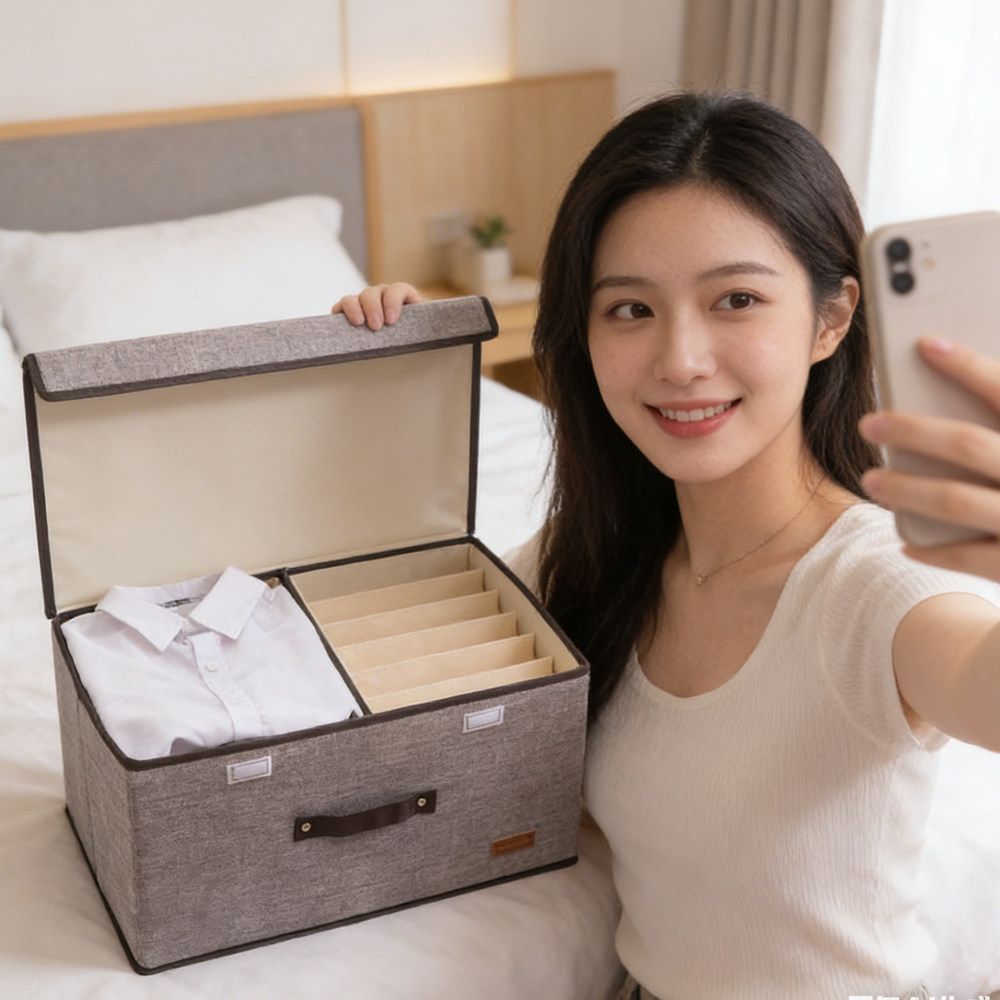 装宝宝衣服收纳盒床上放婴儿内衣内裤整理箱子布艺分格带隔筐专用