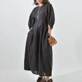 设计师品牌限量定制款 100%进口亚麻中古风收腰A字阔型黑色连衣裙