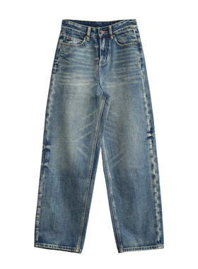 独立设计师品牌 中古色调 水洗做旧显瘦阔腿牛仔裤直筒宽松