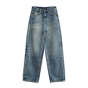 独立设计师品牌 中古色调 水洗做旧显瘦阔腿牛仔裤直筒宽松
