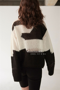 韩代潮牌diagonal虞书欣同款慵懒镂空不规则黑白拼色羊毛针织毛衣