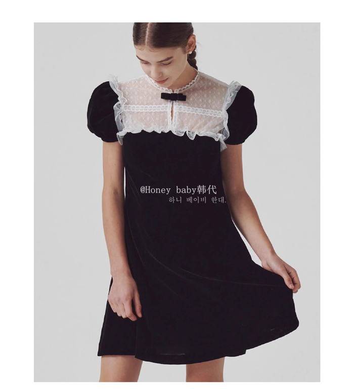 直邮正品丝绒蕾丝连衣裙泡泡袖