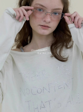 韩代潮牌nocontent烫钻字母薄款斜领斜肩撞色条纹宽松长袖T恤女