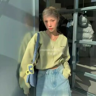 韩代潮牌restandrecreation字母刺绣V领RR高腰短款卫衣少女感上衣