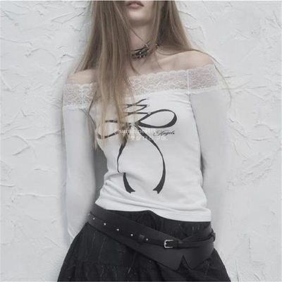 正品蝴蝶结蕾丝拼接一字领上衣女