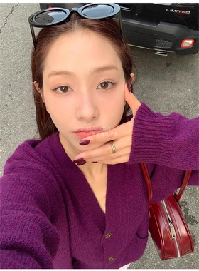 韩代潮牌the Barnnet紫色毛衣羊毛针织男女复古V领纽扣开衫外套