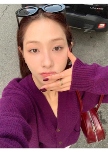 韩代潮牌the Barnnet紫色毛衣羊毛针织男女复古V领纽扣开衫外套