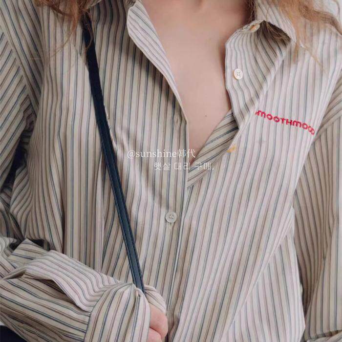 韩代潮牌smoothmood休闲百搭气质翻领竖条纹衬衫女式防晒宽松简约