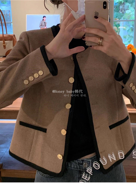 韩代潮牌depound小香风 车静媛Jenny同款小金扣毛呢棕色气质外套