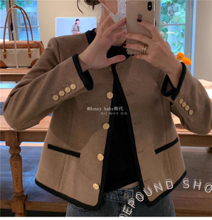 韩代潮牌depound小香风 车静媛Jenny同款小金扣毛呢棕色气质外套