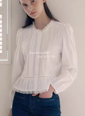 韩代潮牌Rolarola设计师品牌法式少女蕾丝花边纯欲风长袖白色衬衫