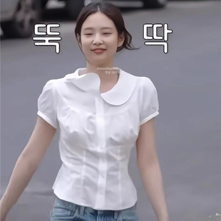 韩代潮牌pehrt夏天穿搭Jennie金智妮同款娃娃领收腰短袖衬衫上衣