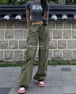 韩代潮牌cerric休闲裤女工装裤抽绳轻薄棉舒适军绿色男女裤子ins