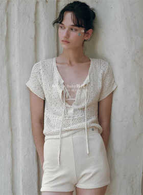 韩代潮牌 tannat棉100%透气绑带镂空针织可爱夏季短袖上衣女纯色