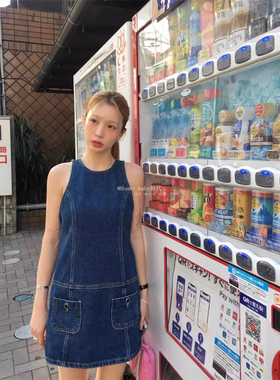 韩代潮牌overdue flair金泰妍同款复古圆领无袖牛仔连衣裙 背心裙