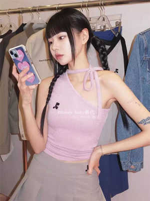 直邮正品系带斜领短款针织背心