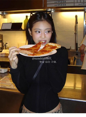 韩代潮牌 Hyein Seo修身金智妮 jennie同款立领拉链露背短T恤上衣