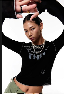 气质网纱长袖 韩代潮牌ASIF 显瘦短款 弹力修身 T恤 CALIE金泰妍同款