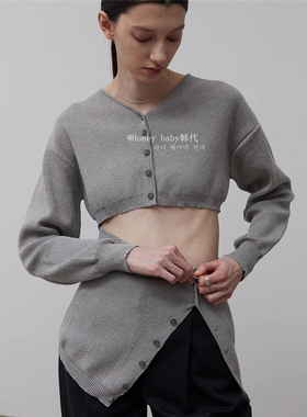 韩代潮牌 LOW TIDE圆领JENNIE同款纽扣可拆卸开衫针织抹胸灰色女