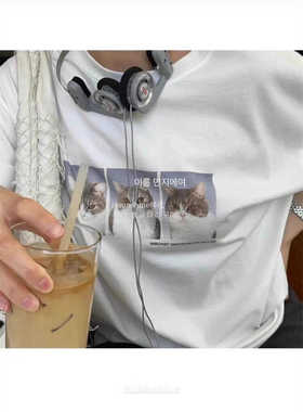 韩代潮牌Ribbonbit夏季新款宽松休闲三只猫咪印花圆领短袖T恤女潮