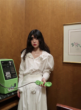 韩代潮牌Freckle春款fever同款复古白色玫瑰花长袖衬衫半身裙长裙