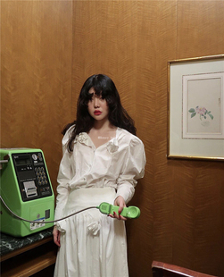 韩代潮牌Freckle春款fever同款复古白色玫瑰花长袖衬衫半身裙长裙