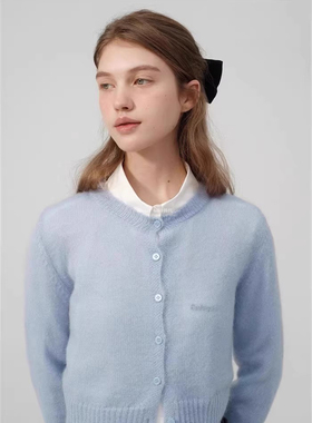 韩代潮牌thebarnnet八奶秋冬短款长袖羊毛针织蓝色马海毛开衫纯色