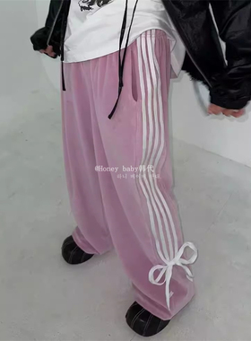 韩代潮牌awesome sauce虞书欣同款velet蝴蝶结丝绒运动裤 阔腿裤